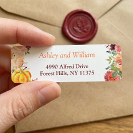 Herfst Burgundy Oranje Bloemige Bladeren Pompoen Etiket