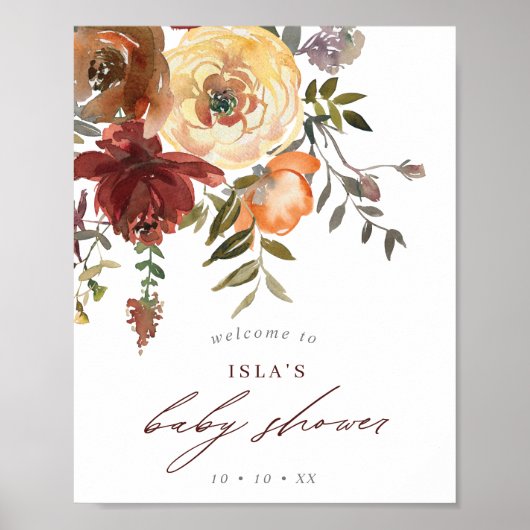 Herfst Burgundy & Oranje Floral Baby shower Welkom Poster (Voorkant)