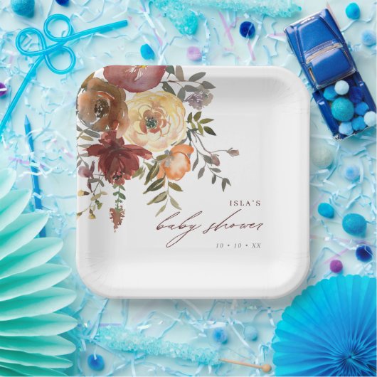 Herfst Burgundy & Oranje Flowers Baby shower Papieren Bordje (Feest)