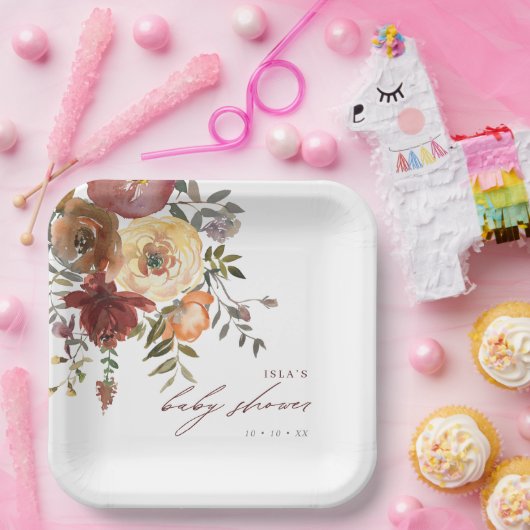 Herfst Burgundy & Oranje Flowers Baby shower Papieren Bordje (Feest)