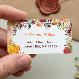 Herfst Burgundy Oranje Pompoen Bloemen Bladeren Etiket