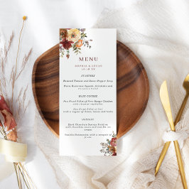 Herfst Burgundy & Oranje Waterverf Flowers Weddens Menu
