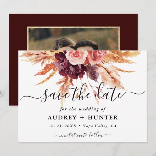 Herfst Burgundy Terracotta Floral Wedding Foto Save The Date (Voorkant / Achterkant)