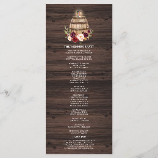 Herfst Burgundy Wine Barrel Floral Wedding Program Programmakaart (Achterkant)