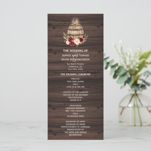 Herfst Burgundy Wine Barrel Floral Wedding Program Programmakaart (Staand voorkant)