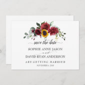 Herfst Burgundy Zonnebloemen Bruiloft Calligrafie Save The Date (Voorkant / Achterkant)