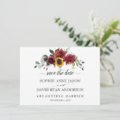 Herfst Burgundy Zonnebloemen Bruiloft Calligrafie Save The Date (Staand voorkant)