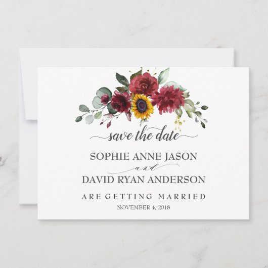 Herfst Burgundy Zonnebloemen Bruiloft Calligrafie Save The Date (Voorkant)