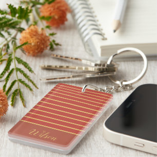 Herfst Burnt Oranje en Gold Achternaam Striped Sleutelhanger