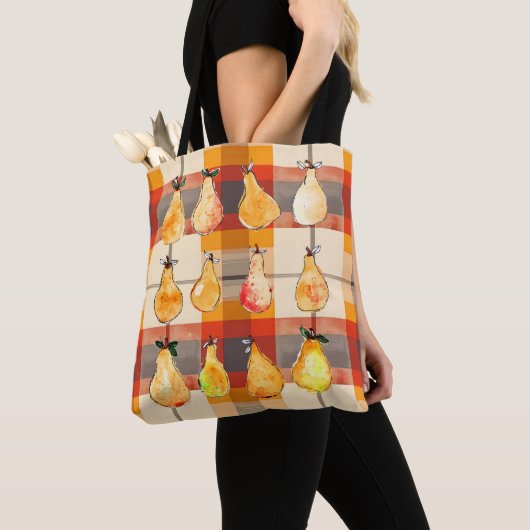 Herfst canvas tas met herfstplaid en peren (Dichtbij)