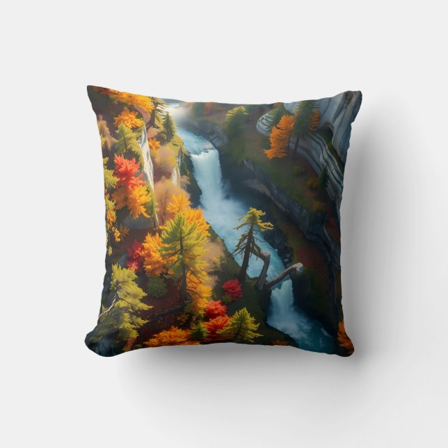 Herfst Canyon Waterval – Levendig Herfstboslandsch Kussen (Voorkant)