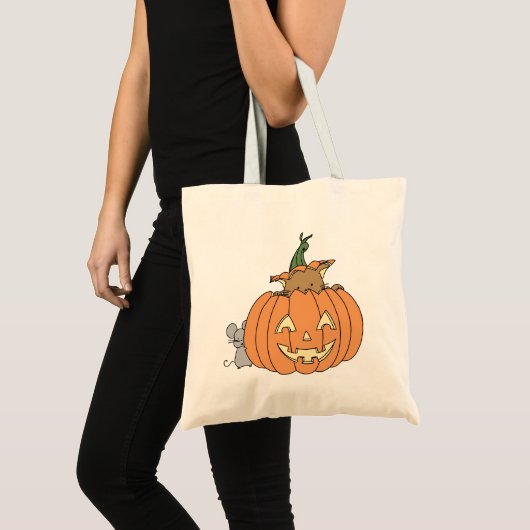 Herfst Cat in Pumpkin Jack’o’lantern and Mouse Tote Bag (Voorkant (product))
