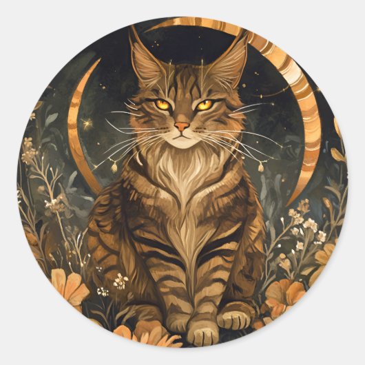Herfst Cat Moon Golden Flowers Ronde Sticker (Voorkant)