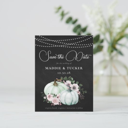 Herfst Chalk Pumpkins String Lights Save the Date Aankondigingskaart (Staand voorkant)