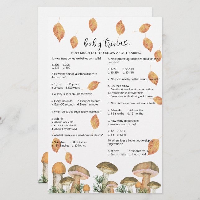Herfst champignons - Baby Trivia | Baby showers wi (Voorkant / Achterkant)