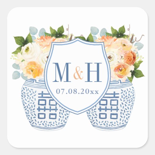 Herfst Chinoiserie Monogram Huwelijksgunst Vierkante Sticker (Voorkant)