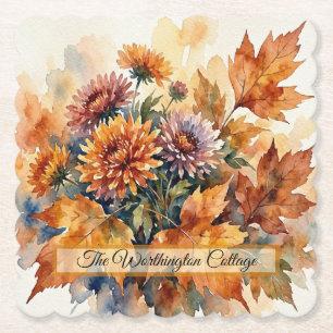 Herfst Chrysanthemum en Esdoornhout Waterverf Boek Kartonnen Onderzetters