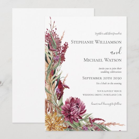 Herfst Chrysanthemums Waterverf Floral Wedding Kaart (Voorkant / Achterkant)