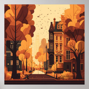Herfst City Street Rustiek Sinaasappel Rood Geel B Poster