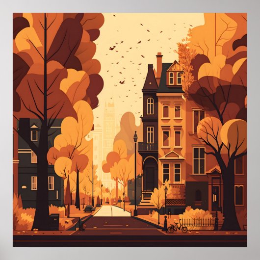Herfst City Street Rustiek Sinaasappel Rood Geel B Poster (Voorkant)