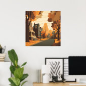 Herfst Cityscape Rustiek Sinaasappel Rood Geel Bru Poster (Thuiskantoor)