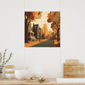 Herfst Cityscape Rustiek Sinaasappel Rood Geel Bru Poster (Keuken)