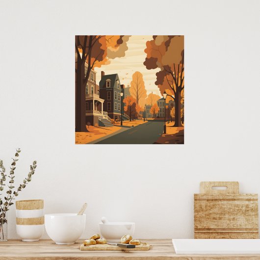 Herfst Cityscape Rustiek Sinaasappel Rood Geel Bru Poster (Keuken)