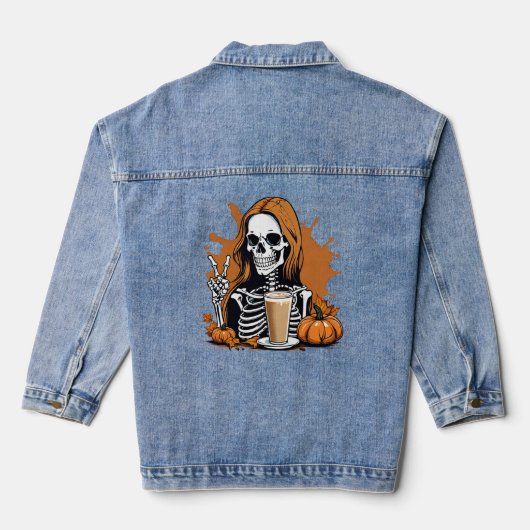 Herfst Coffee Skeleton Halloween Denim Jacket (Achterkant)