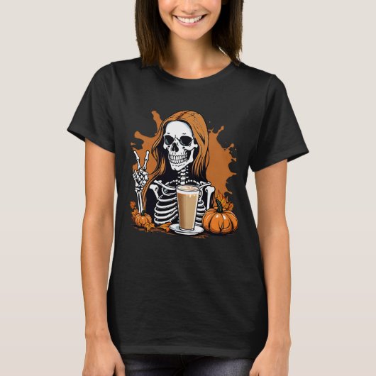 Herfst Coffee Skeleton Halloween T-shirt (Voorkant)