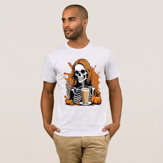 Herfst Coffee Skeleton Halloween T-shirt (Voorkant volledig)