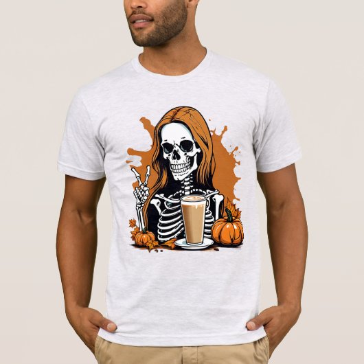 Herfst Coffee Skeleton Halloween T-shirt (Voorkant)