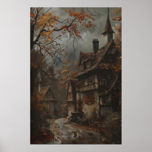 Herfst Cottage Kunstprint, Landelijke Herfst Muurk Poster