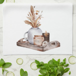 Herfst Cottage Taupe Pampas Bloemmotief  Theedoek
