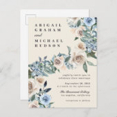 Herfst Cream & Blue Waterverf Flowers Wedding Uitnodiging Briefkaart (Voorkant / Achterkant)