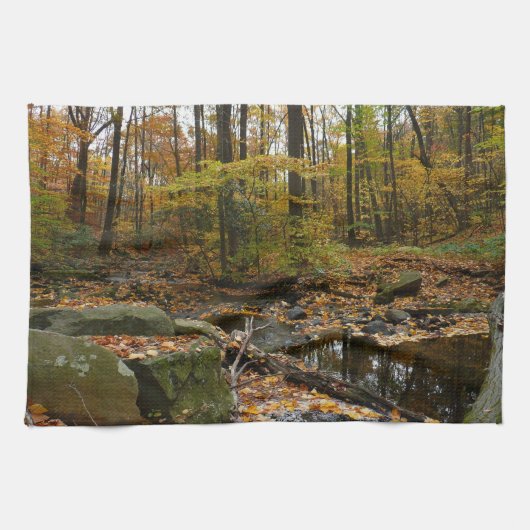 Herfst Creek met reflectie op Laurel Hill Park Theedoek (Horizontaal)