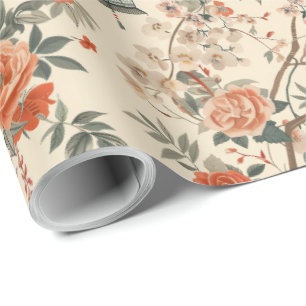 Herfst Crème Oranje Bloemige Chinoiserie Cadeaupapier