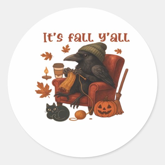 Herfst Crow - Het is Herfst Y'all Art Ronde Sticker (Voorkant)