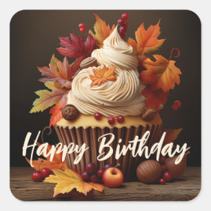 Herfst Cupcake met Kleurrijke Herfst bladeren Verj Vierkante Sticker