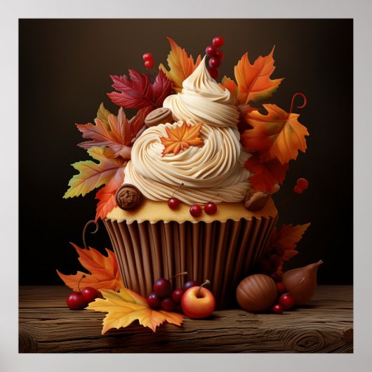 Herfst Cupcake met kleurrijke herfstbladeren Poster (Voorkant)