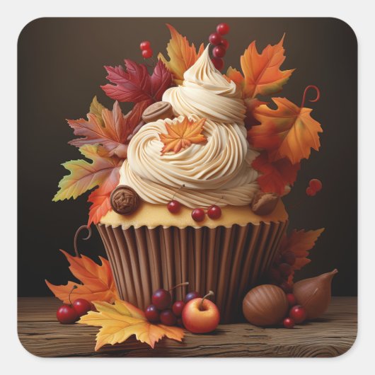 Herfst Cupcake met kleurrijke herfstbladeren Vierkante Sticker (Voorkant)