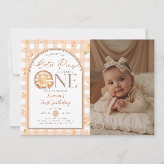 Herfst Cutie Pie Pompoen Gingham 1e verjaardag fot Kaart (Voorkant)