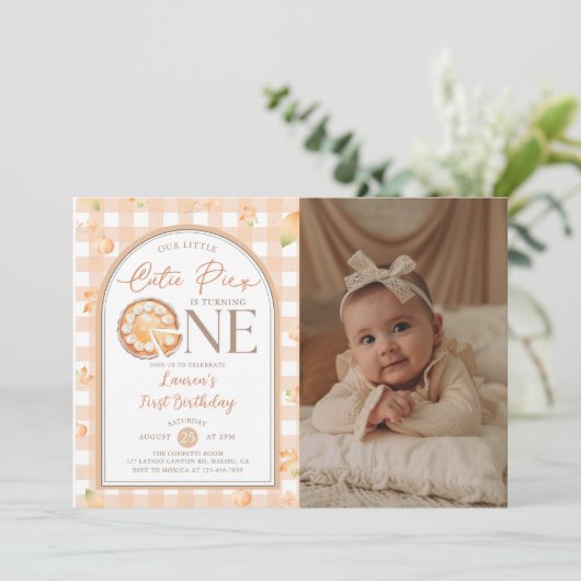 Herfst Cutie Pie Pompoen Gingham 1e verjaardag fot Kaart (Staand voorkant)