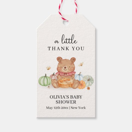 Herfst Cutie Pumpkin Pie Teddy Bear Baby shower Cadeaulabel (Voorkant)