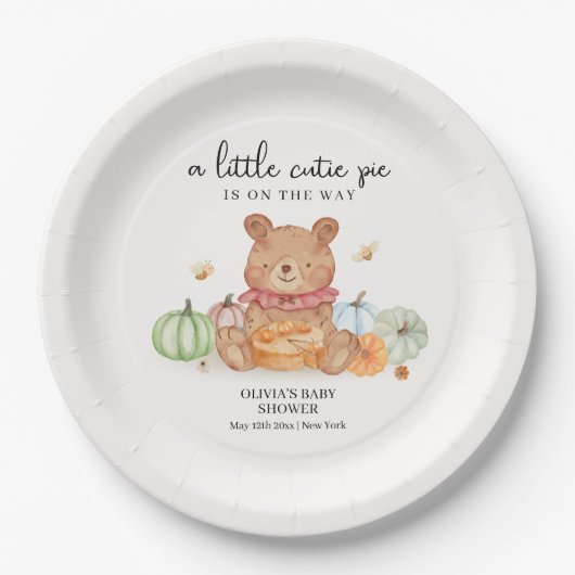 Herfst Cutie Pumpkin Pie Teddy Bear Baby shower Papieren Bordje (Voorkant)
