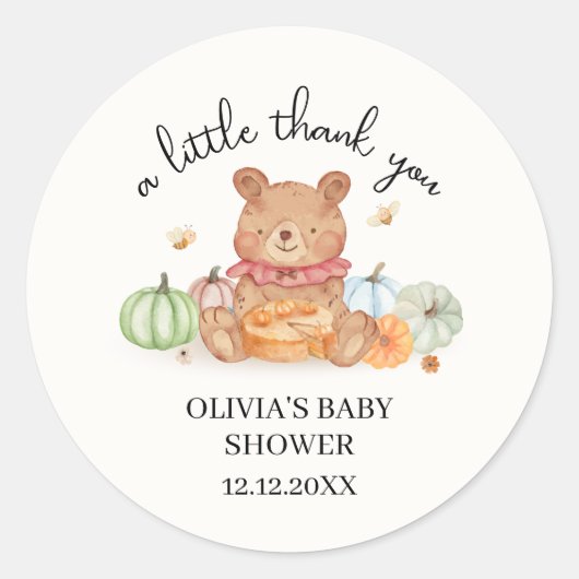Herfst Cutie Pumpkin Pie Teddy Bear Baby shower Ronde Sticker (Voorkant)