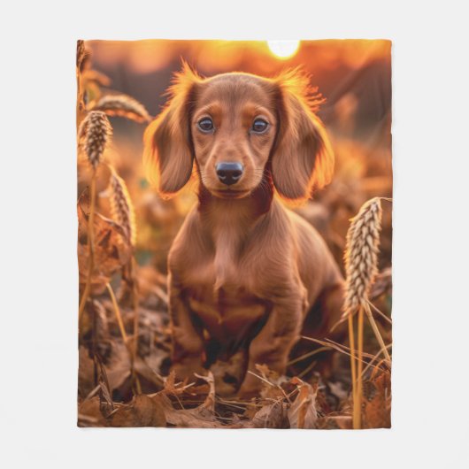 Herfst Dachshund Pup Fleece Deken (Voorkant)