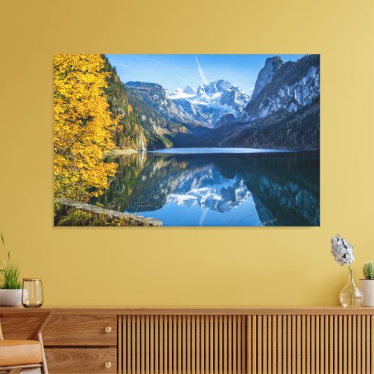 Herfst Dachstein Mountain Reflecterend in Gosausee Canvas Afdruk (Insitu (Woonkamer))
