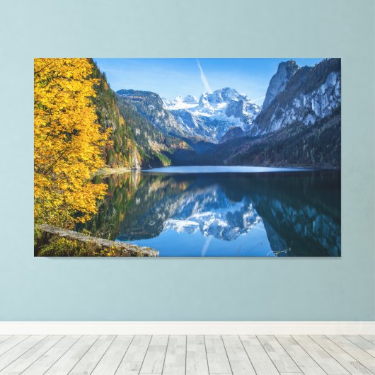 Herfst Dachstein Mountain Reflecterend in Gosausee Canvas Afdruk (Insitu (Houten vloer))