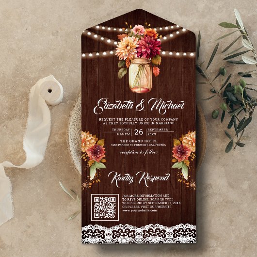 Herfst Dahlia Bloemen Mason Jar QR Code Hout Bruil All In One Uitnodiging