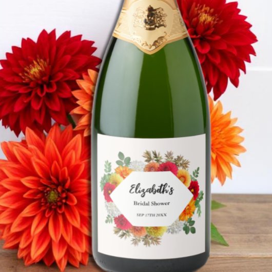 Herfst Dahlia Bloemige Bruiloftsshower Sparkling Wijnetiket